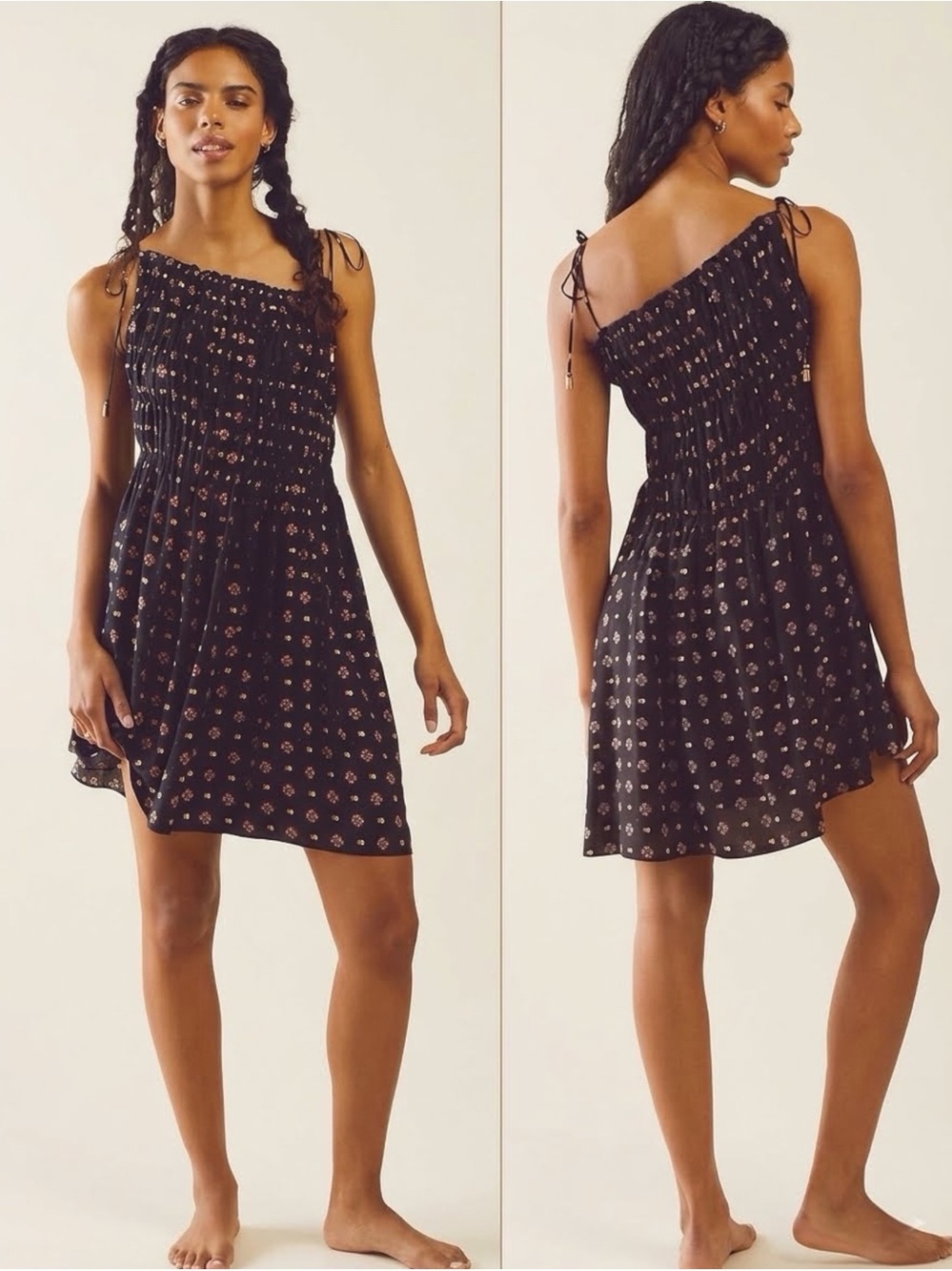 Free People Clementina Asymmetrical Hem Tie Shoulder Smocked Mini Dress S NWOT